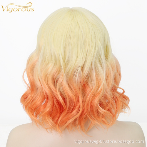 Bob Natural Wave Wig Ombre Blonde Red Hair with Bangs Synthetic Short Wig for Women Heat Resistant Fiber Hair 16 inches